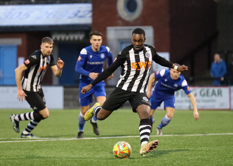 Shaquille Gwengwe misses a Dorchester penalty