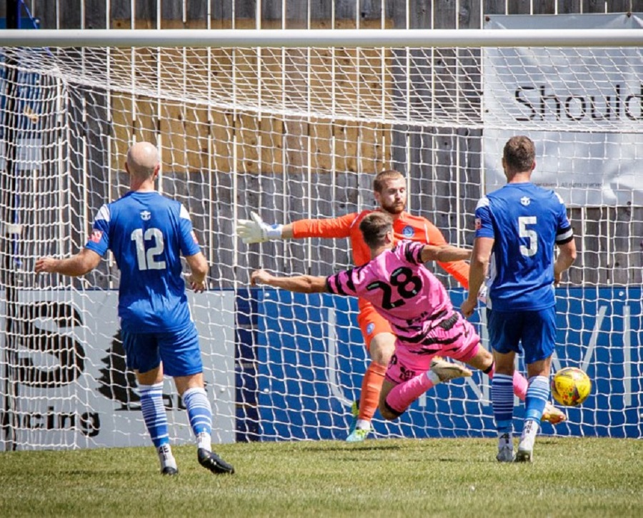 Connor Johns makes and excellent save from Rover’s goalscorer Josh March