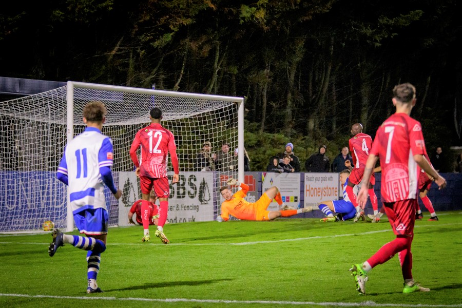 Will Tunnicliff scores Marine’s third goal in the 5-3 defeat back in November