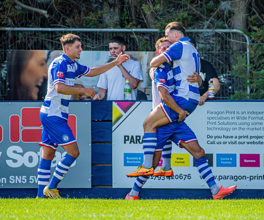 Harry Williams scores Marine’s first goal and celebrates with James Harding