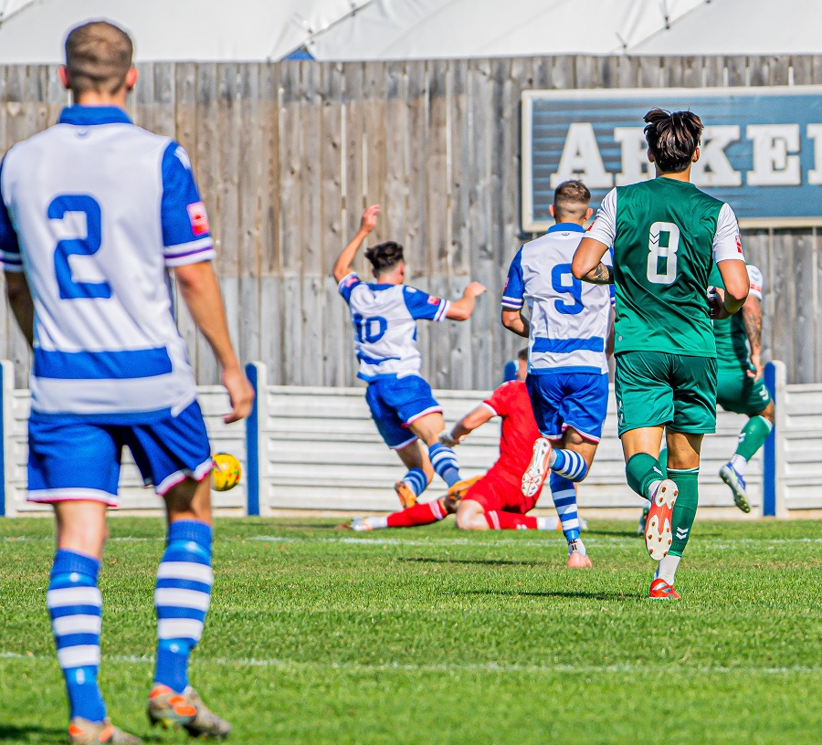 James Harding is brought down by the Hendon keepers outstretched leg and then scores the subsequent penalty