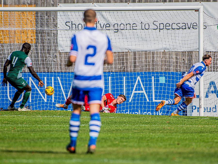 James Harding’s tap in at the far post from Henry Spalding’s cross is disallowed for offside