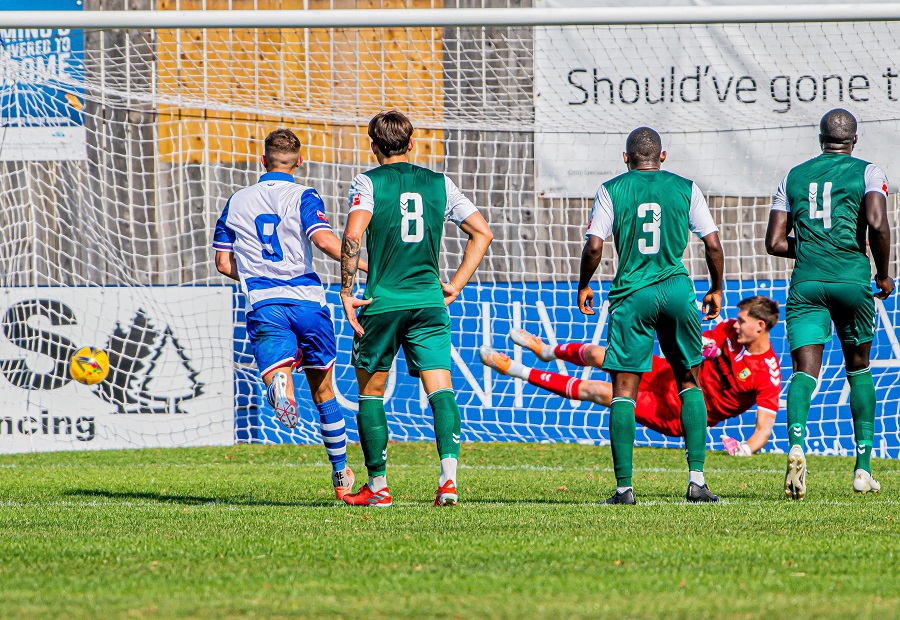 James Harding is brought down by the Hendon keepers outstretched leg and then scores the subsequent penalty