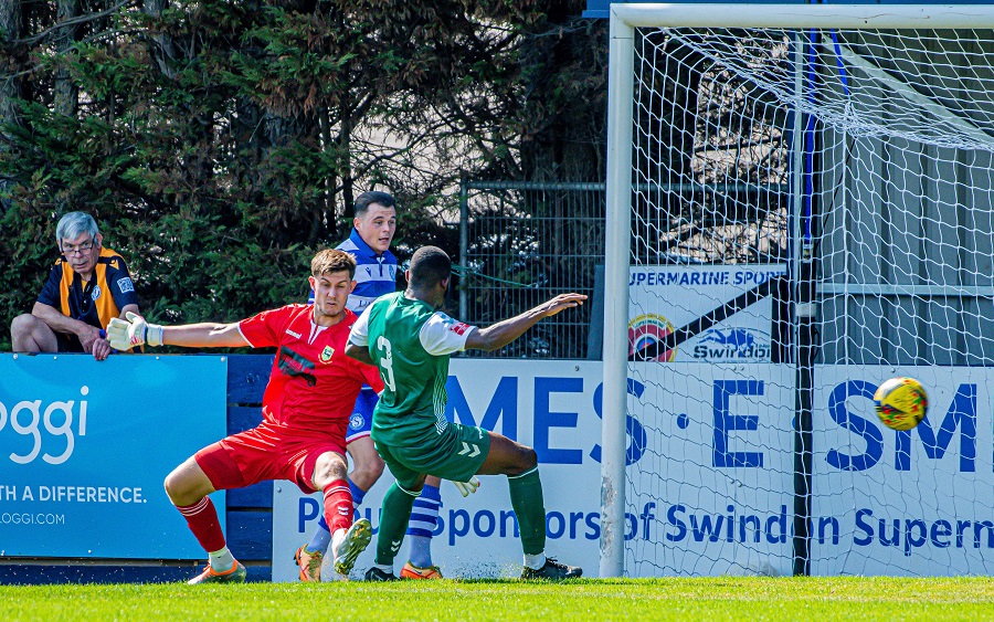 Harry Williams scores Marine’s first goal and celebrates with James Harding