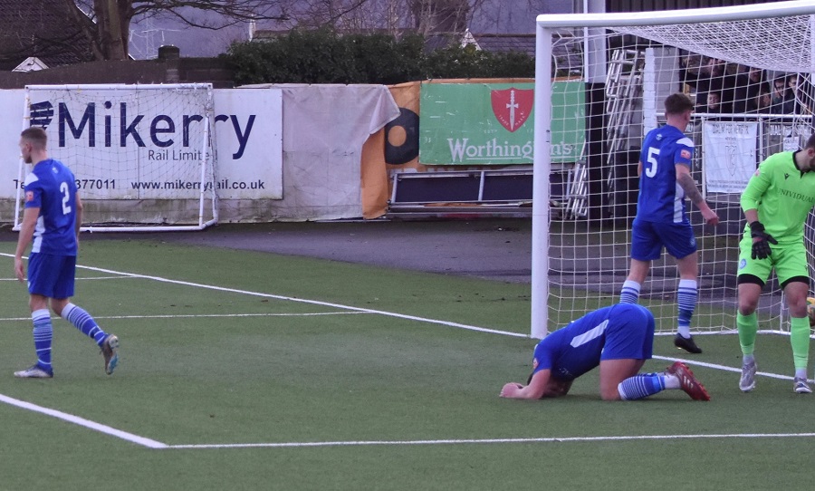 Merthyr’s Frazer Thomas gets to the goal line and pulls the ball back only for Mat Liddiard to score an own goal