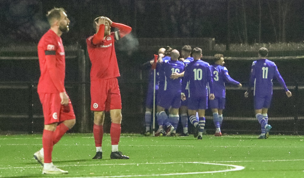 Beaconsfield player couldn’t believe the 4-3 score as the players celebrate Jake’s screamer