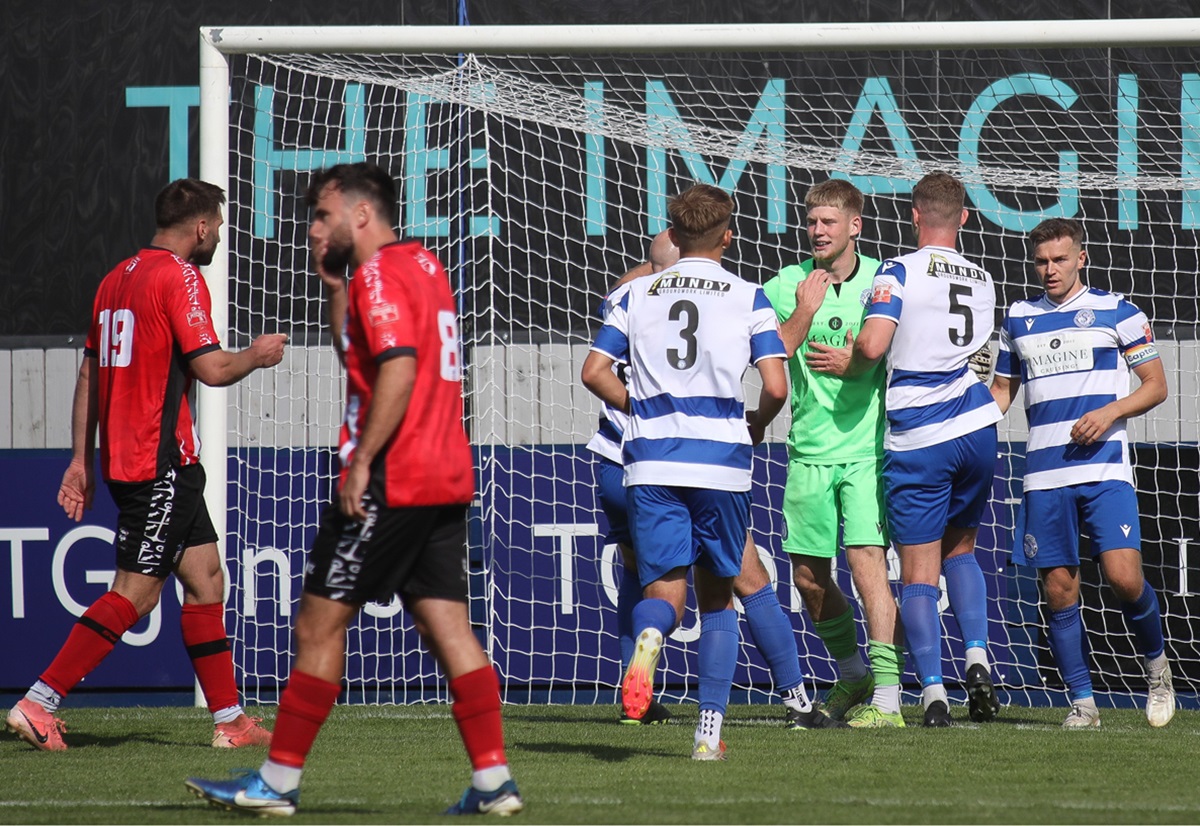 Debutant keeper Lucas Myers has just saved an Exmouth penalty