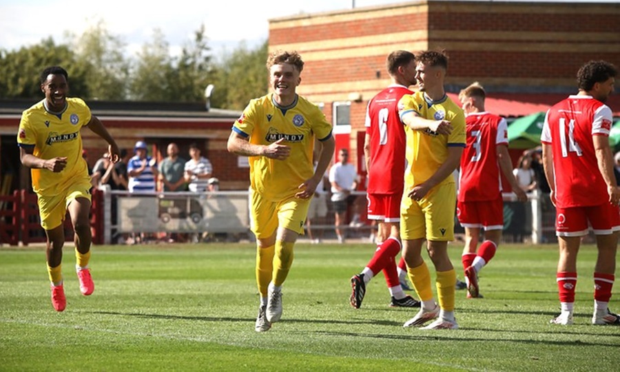 Tyger-J Hall celebrates his goal and Marine’s third