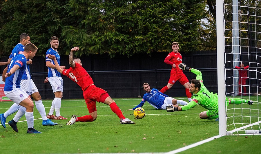 Nathan Minhas scores his first and Beaconsfield’s third goal