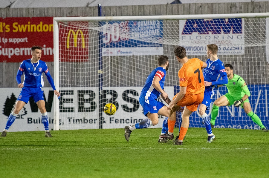 Harry Cooksley slides the ball home for Hartley’s equaliser