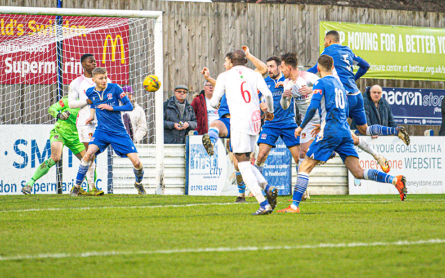 From a corner Martin Horsell saves McDevitt’s first header but Francis Amartey follows up to nod home Hayes third goal