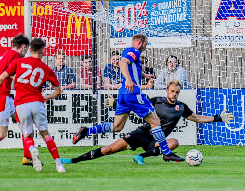 David Pratt goes around the keeper but was unfortunate to find the side netting from a tight angle