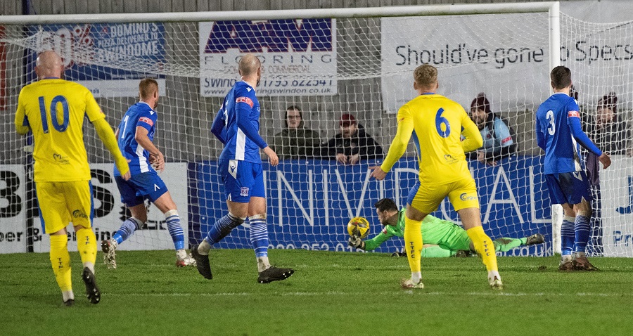 Martin Horsell can’t stop Toby Holmes drive to score Taunton’s second goal