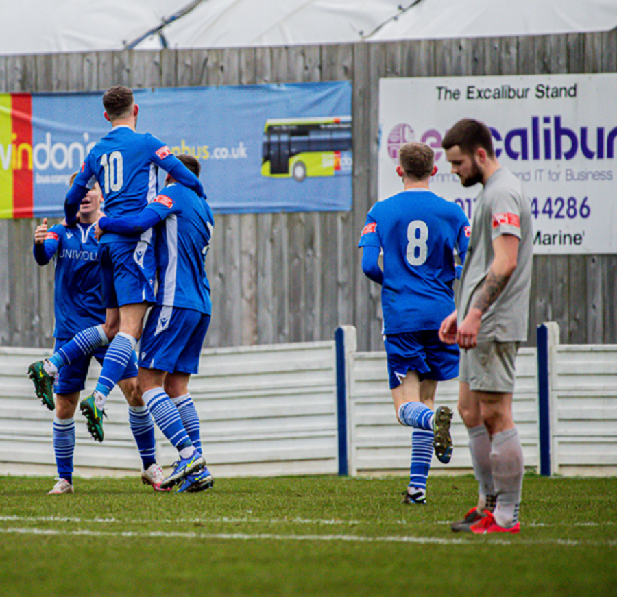 The players celebrate Campbell’s goal