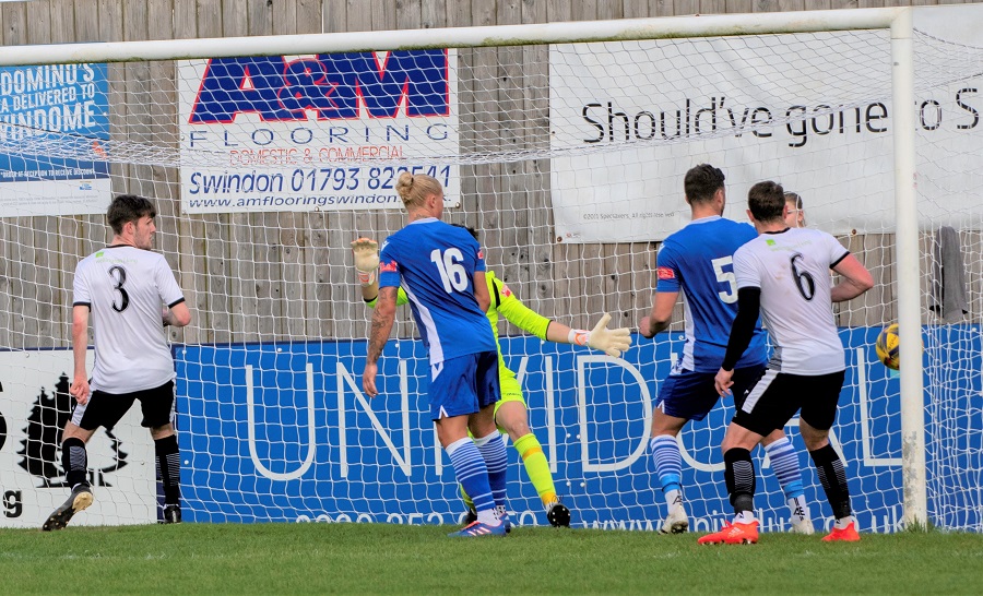 Dan Bartlett’s late corner goes in at the far post for Wimborne’s goal