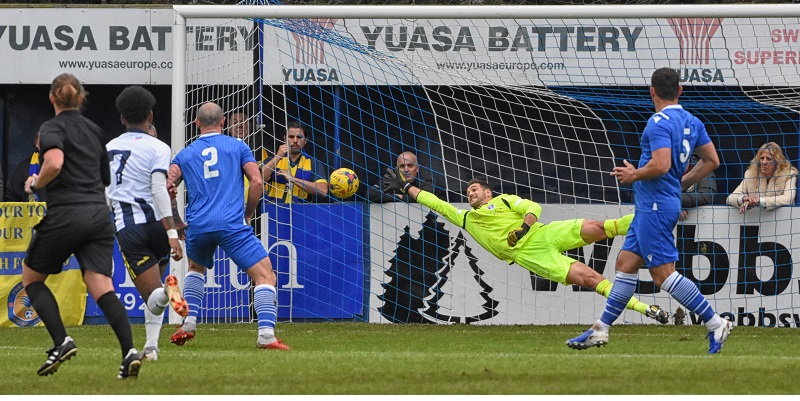 Farnborough’s Andrew Sealy-Harris scores the opening goal