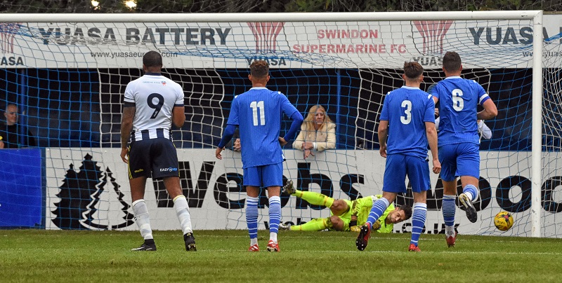 Reggie Yates scores Farnborough’s second goal from the penalty spot