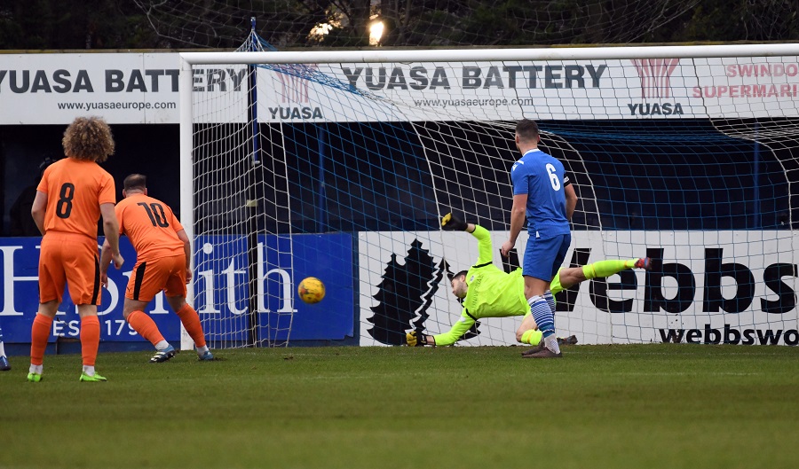 Sam Argent’s (10) early header looks as though its in but Marine keeper Martin Horsell pulled off an excellent save