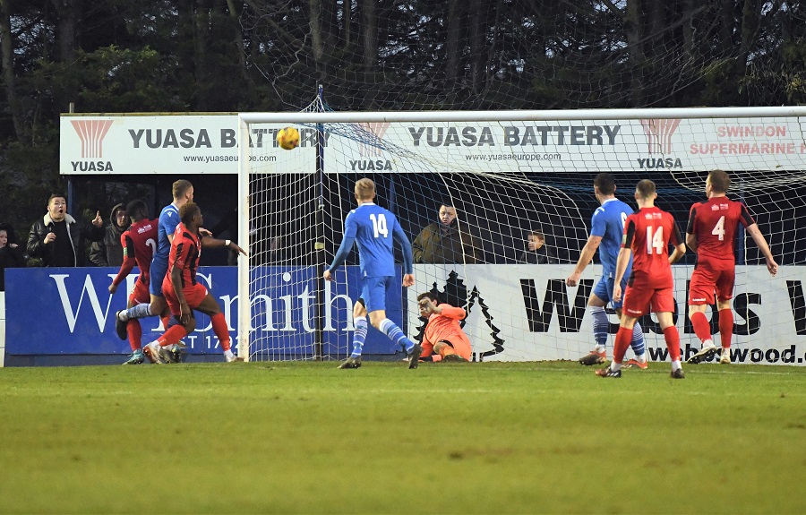 Ryan Campbell’s shot goes in the top corner for Marine’s goal