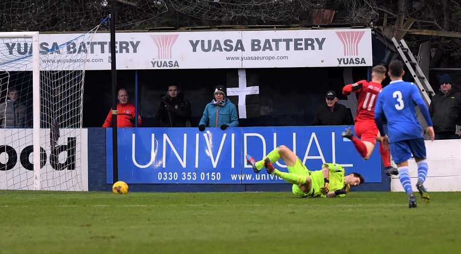 Will Swan scores Truro’s first goal